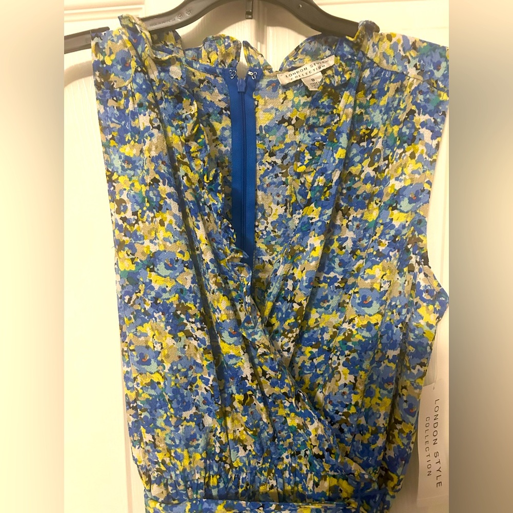 London Style Long wrap style blue floral print sleeveless dress